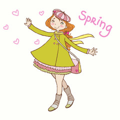 girl in a coat rejoices spring