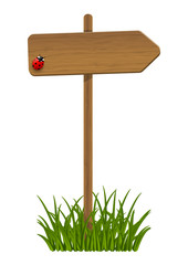 Wooden signpost with green grass