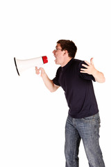 Young man screaming with megaphone
