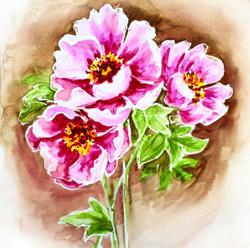 Fototapeta Malowane akwarela karty z kwiatami piwonii