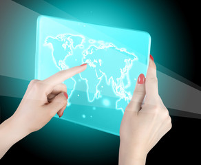 woman hand touch world map and connection
