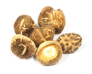 Dry dried mushrooms isolated on white background. Selective focu