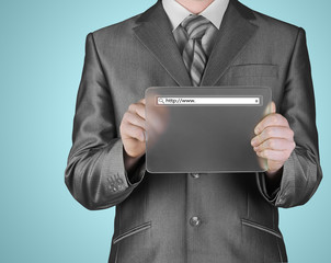 Businessman pushing virtual search bar