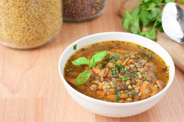 Traditional turkish soup with bulgur and lentils