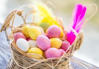 Easter eggs in basket. Marzipan sweets.