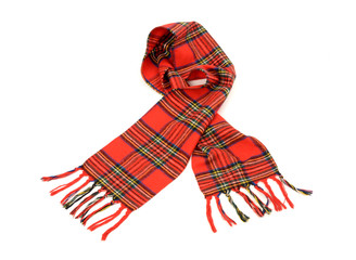Tartan winter scarf with fringe.Red plaid scarf isolated white.