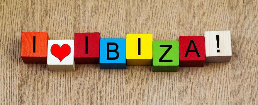 I Love Ibiza, sign series for travel and holidays, panorama.