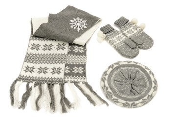Grey winter accessories isolated on white background.