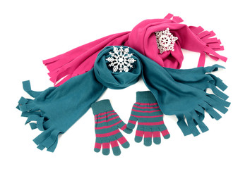 Pink and blue wool scarves and matching glove.Winter accessories