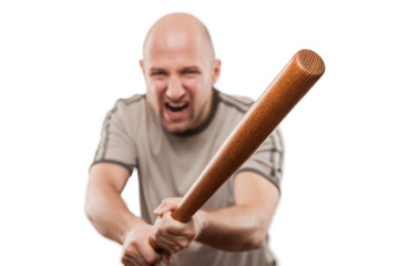Screaming angry man hand holding baseball sport bat