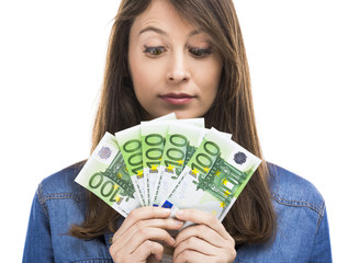 Beauitful woman holding some Euro currency notes