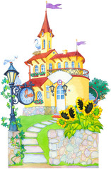 Watercolor picture. Fairytale castle mansion