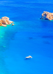 Motorized cruiser boat in the  sea of Amorgos island in Greece