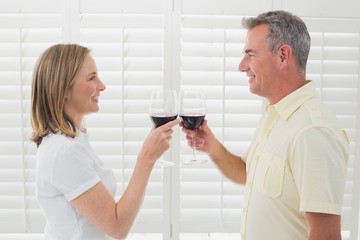 Obraz na płótnie Canvas Side view of a couple toasting wine glasses