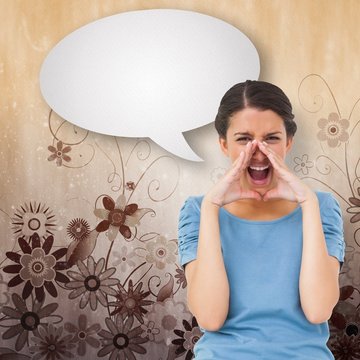 Composite image of pretty brunette shouting with speech bubble