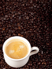 Fresh cup of dark roasted coffee with coffeebeans