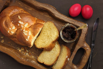 Easter sweet brioche on wooden tray