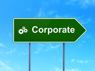 Business concept: Corporate and Gears on road sign background