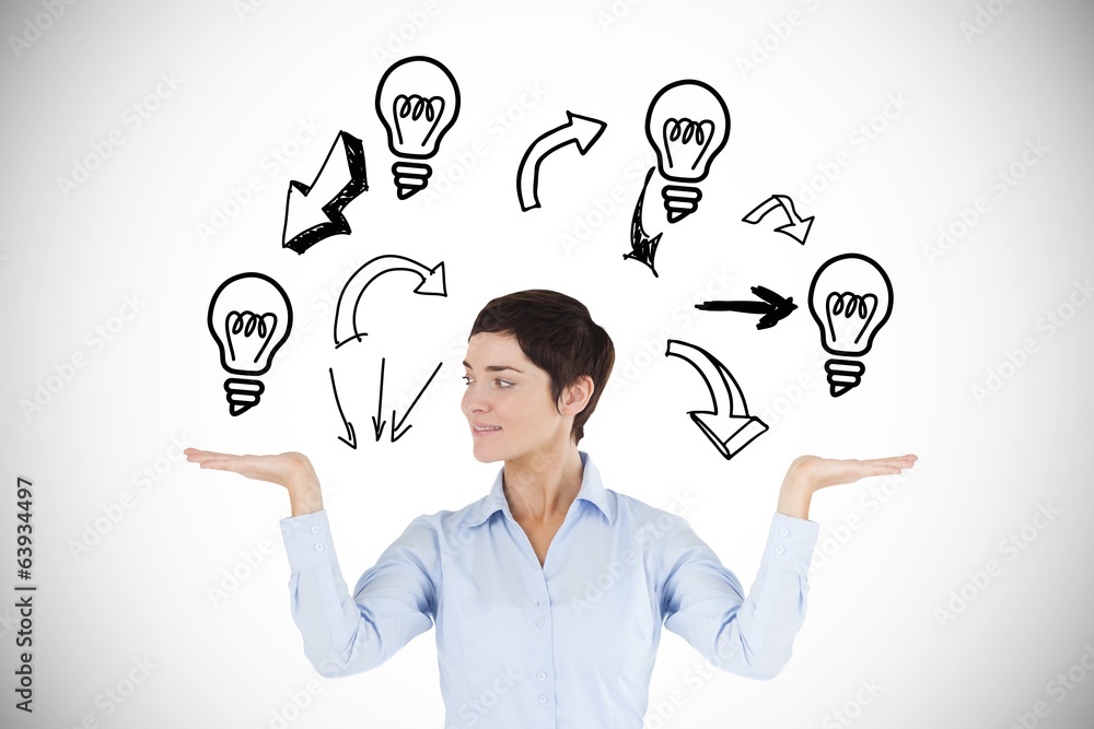 Poster composite image of businesswoman with an open hand to show graph