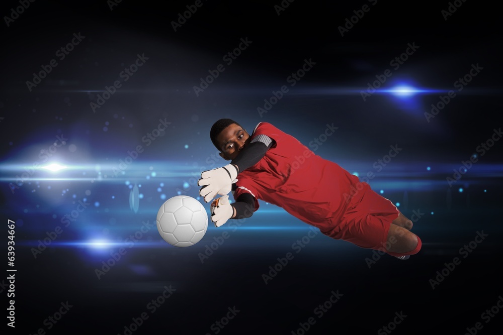 Aufkleber composite image of goalkeeper in red making a save