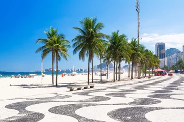 Foto op Plexiglas Copacabana with palms and mosaic of sidewalk in Rio de Janeiro © Ekaterina Belova
