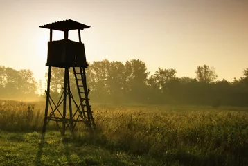 Photo sur Plexiglas Automne Lookout tower for hunting at dawn