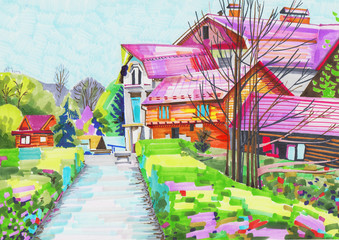unusual original marker painting of rural landscape