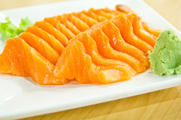 japan food salmon sashimi on white plate