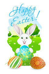 Easter Card with Landscape, Rabbit and Decorated Eggs