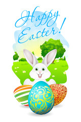 Easter Card with Landscape, Rabbit and Decorated Eggs