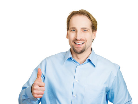 Happy man giving thumbs up sign, gesture, white background 