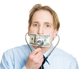 Bribery, medicine. Man with hundred bill taped to mouth
