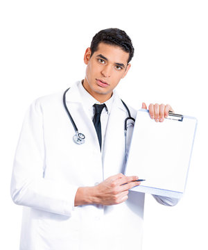 Confident male doctor with stethoscope and patient chart