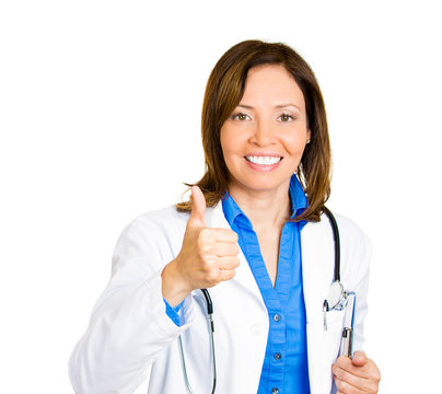 Portrait Thumbs up doctor, nurse isolated white background 