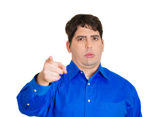 You did it, upset grumpy young man pointing finger at you camera