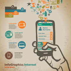 Template for infographic with hand with smartphone in vintage st