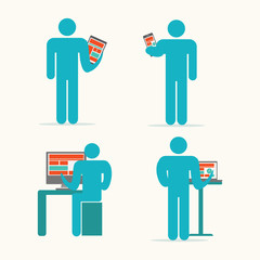 Business man working on devices. Vector illustration