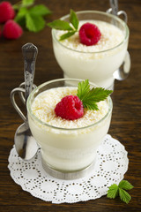 Panna cotta with raspberry and coconut.