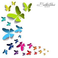 Greeting card with colorful paper butterflies on white backgroun