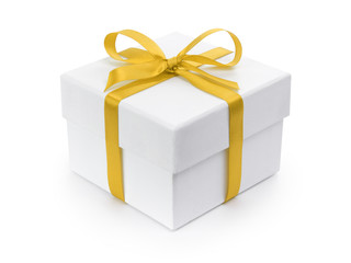 white gift paper box with yellow ribbon bow