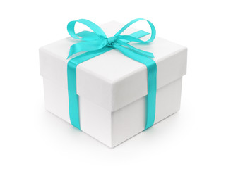 white gift paper box with blue ribbon bow