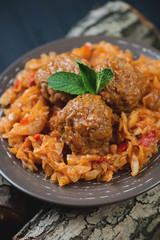 Braised cabbage with meatballs, close-up, studio shot