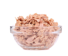 Canned tuna in glass bowl.