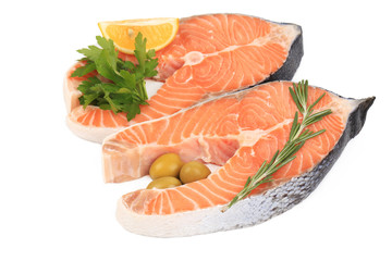 Fresh uncooked salmon steaks.