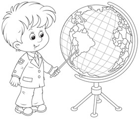 school student points to a country on a big globe