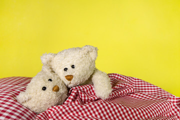 Concept for love - two toy teddy bears in the bed.