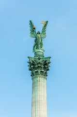 Archangel Gabriel on top of column at Heroes square in Budapest,
