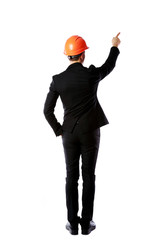 Businessman in helmet points finger up
