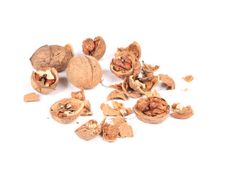 Heap of cracked walnuts.