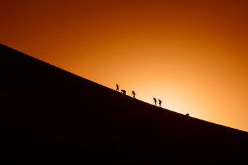 Silhouettes of a team trying to clime a hill. Sport and active l